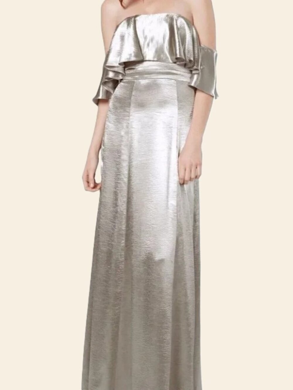 NWT Fame & Partners Metallic Ruffled Off-The-Shoulder Gown Size 8